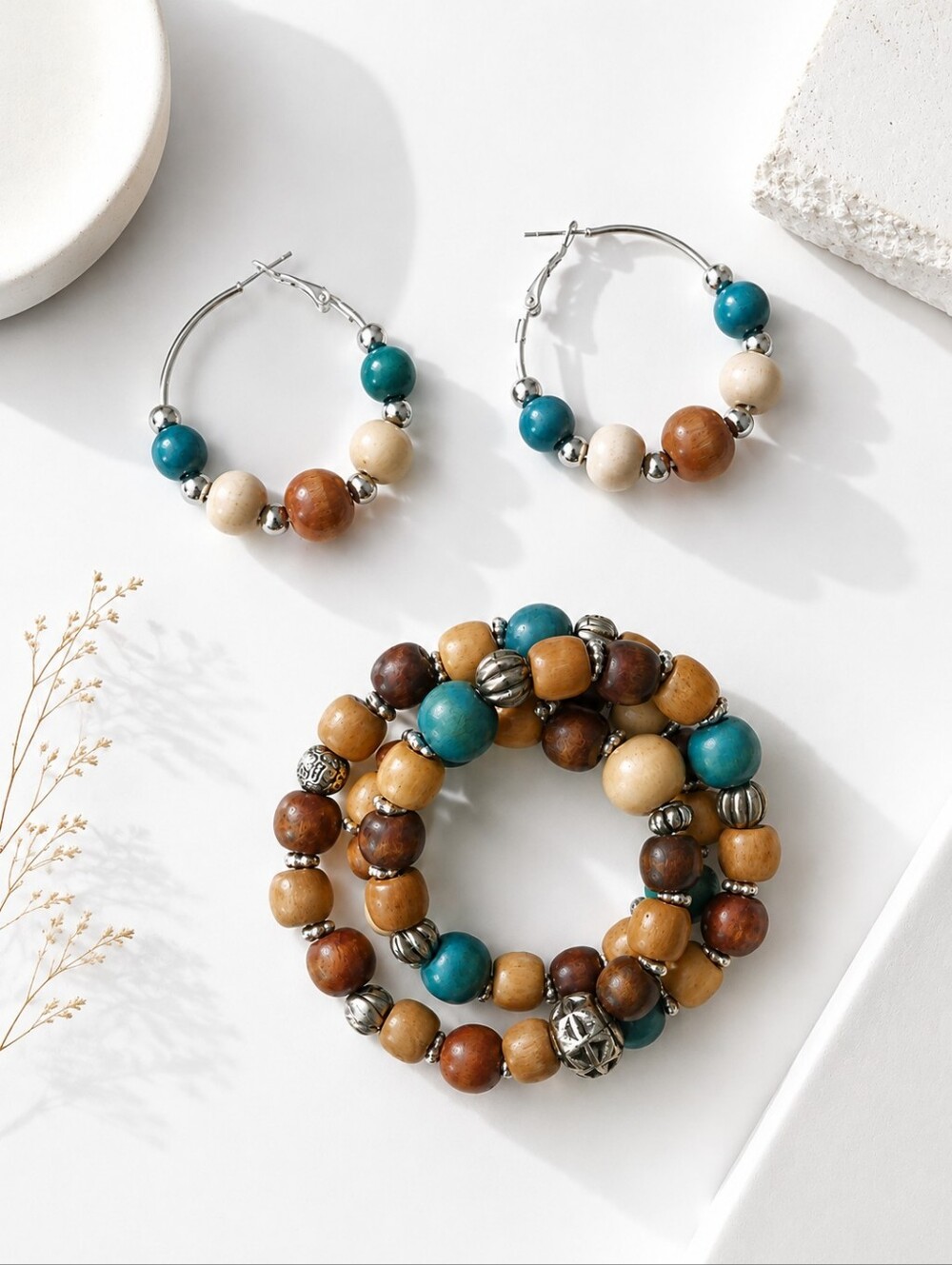 Turquoise & Timber 3-Wrap Memory Wire Bracelet & Beaded Hoop Earring Set